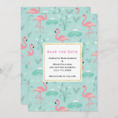 Pastel roze flamingo's op groene patroon bruiloft save the date (Voorkant / Achterkant)