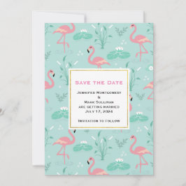 Pastel roze flamingo's op groene patroon bruiloft save the date