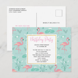 Pastel roze flamingo's op groene patroon verjaarda uitnodiging briefkaart