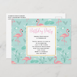 Pastel roze flamingo's op groene patroon verjaarda uitnodiging briefkaart