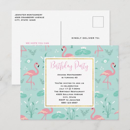 Pastel roze flamingo's op groene patroon verjaarda uitnodiging briefkaart (Voorkant / Achterkant)