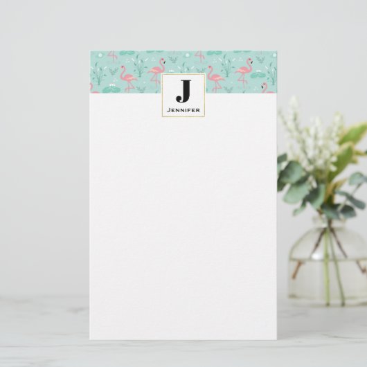 Pastel roze flamingo's patroon Monogram Briefpapier (Staand voorkant)