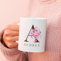 Pastel roze floral black bold script monogram naam