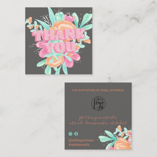 Pastel roze floral retro scriptvolgorde bedankt vierkante visitekaartje (Voorkant / Achterkant)