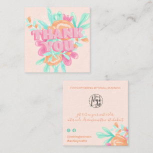 Pastel roze floral retro scriptvolgorde bedankt vierkante visitekaartje