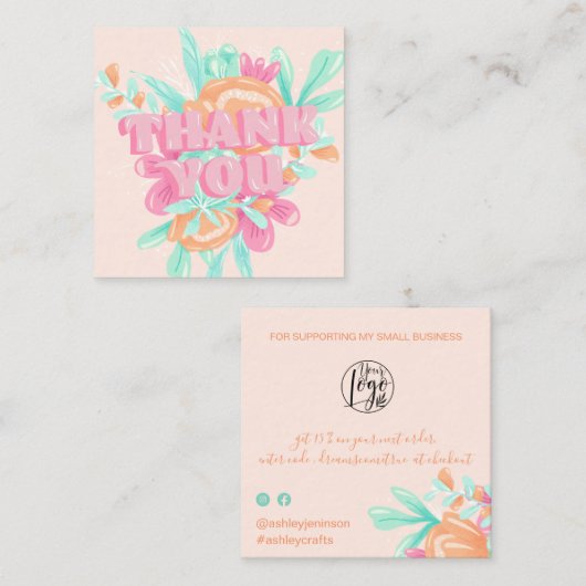 Pastel roze floral retro scriptvolgorde bedankt vierkante visitekaartje (Voorkant / Achterkant)