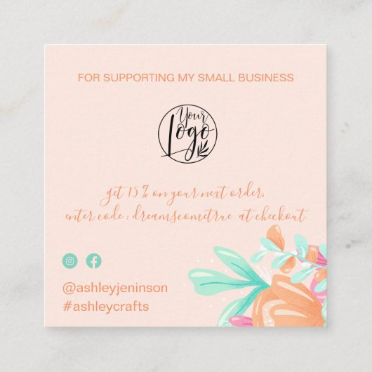 Pastel roze floral retro scriptvolgorde bedankt vierkante visitekaartje (Achterkant)