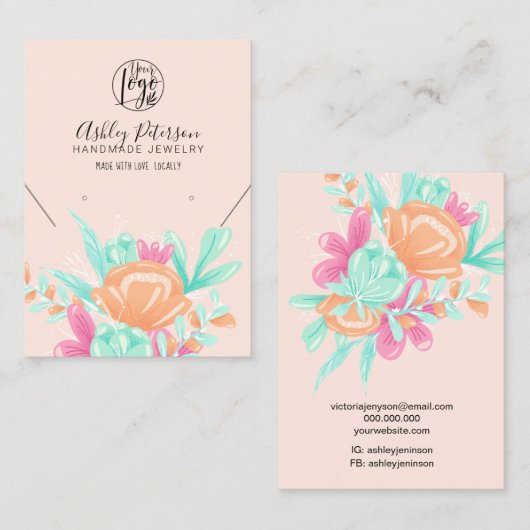 Pastel roze florale logo juwelen oorringend kettin visitekaartje (Voorkant / Achterkant)