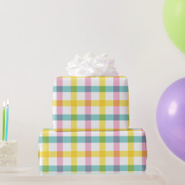 Pastel Roze Geel Blauw Check Pattern Paasmeisje Cadeaupapier