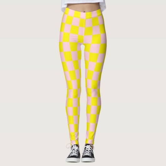 Pastel Roze Geel Geruite Checkerboard  Leggings (Voorkant)
