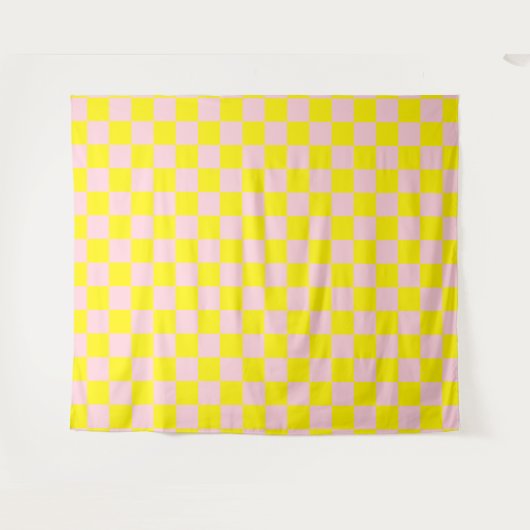 Pastel Roze Geel Geruite Checkerboard  Wandkleed (Voorkant (horizontaal))