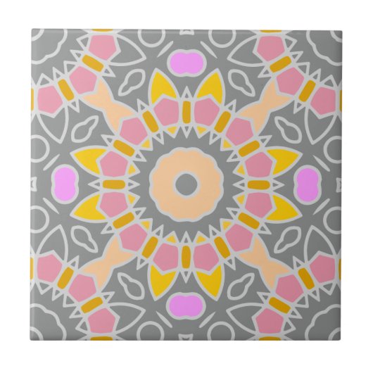 Pastel Roze Geel Grijs Etnisch Boho Mosaic Patroon Tegeltje (Voorkant)