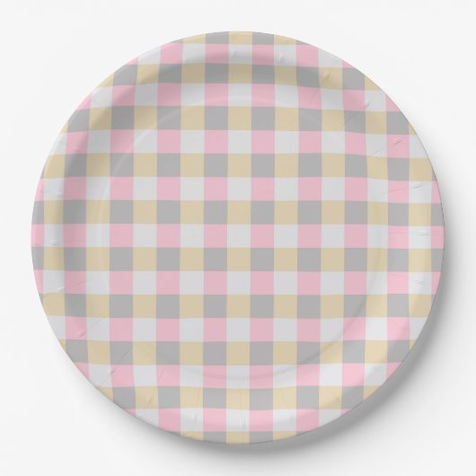 Pastel Roze Geel Grijs Plaid  Papieren Bordje (Voorkant)