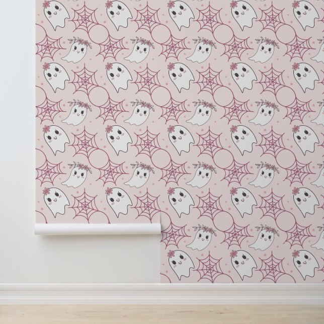Pastel Roze Geest Halloween Kawaii Patroon Behang (Applicatie)