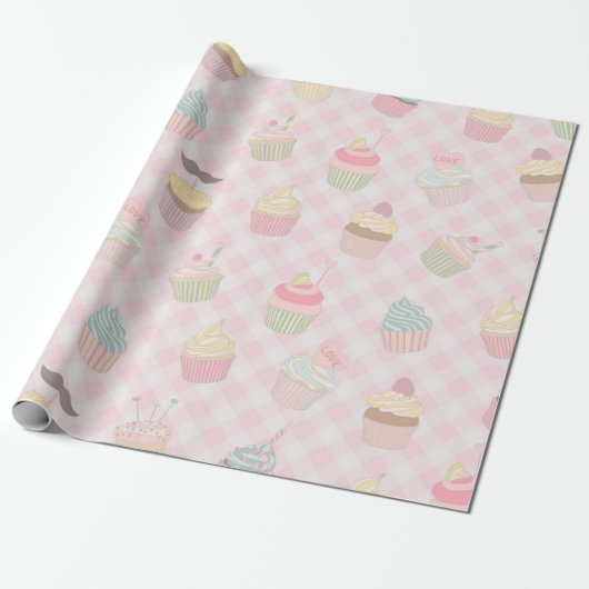 Pastel Roze Gingham Mooie Cupcakes Patroon Cadeaupapier (Uitgerold)