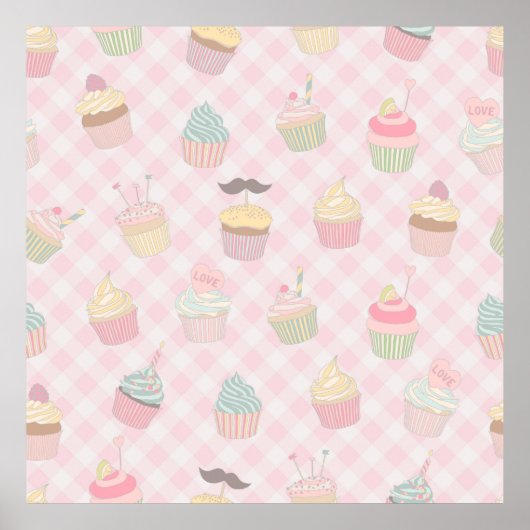 Pastel Roze Gingham Mooie Cupcakes Patroon Poster (Voorkant)
