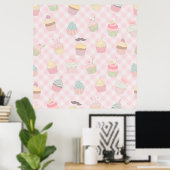 Pastel Roze Gingham Mooie Cupcakes Patroon Poster (Thuiskantoor)