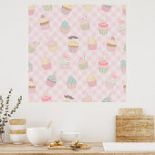 Pastel Roze Gingham Mooie Cupcakes Patroon Poster
