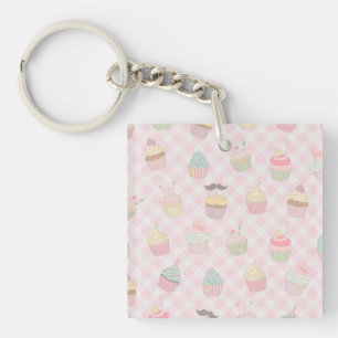Pastel Roze Gingham Mooie Cupcakes Patroon Sleutelhanger