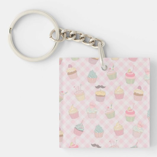 Pastel Roze Gingham Mooie Cupcakes Patroon Sleutelhanger (Voorkant)