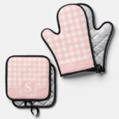 Pastel Roze Gingham Plaid Geruite Monogram Ovenwant & Pannenlap Set (Voorkant / Achterkant)