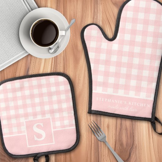 Pastel Roze Gingham Plaid Geruite Monogram Ovenwant & Pannenlap Set