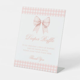Pastel roze gingham strik baby shower luier loteri reclamebord met voetstuk