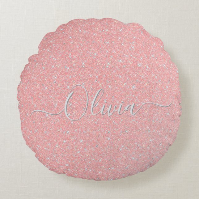 Pastel Roze Glitter Sparkle Aangepaste naam Rond Kussen (Voorkant)