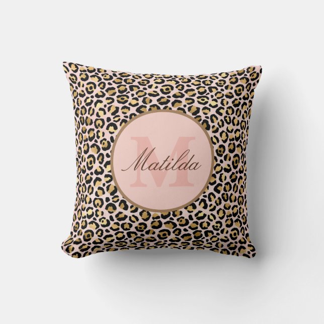Pastel Roze & Gold Leopard Animal Print Monogram Kussen (Voorkant)