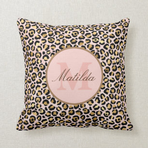 Pastel Roze & Gold Leopard Animal Print Monogram Kussen