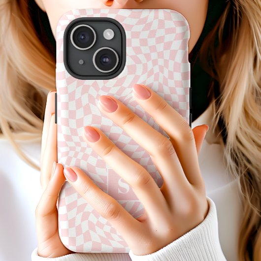 Pastel Roze Golfjes Geruite Monogram Case-Mate iPhone Case