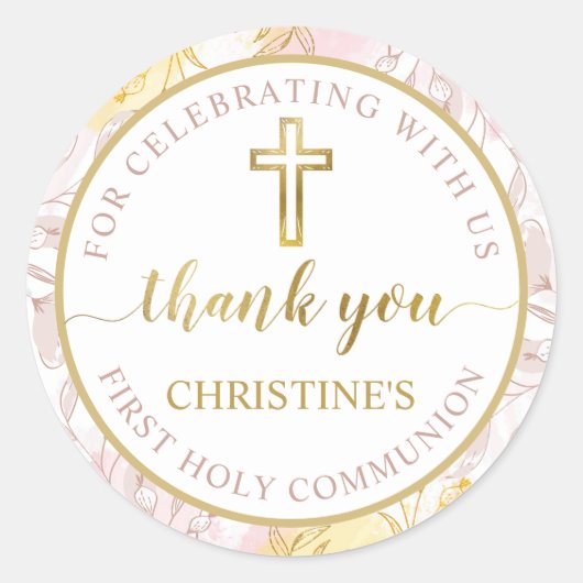 Pastel Roze Goud Bloemen Eerste Communie Dank u Ronde Sticker (Voorkant)