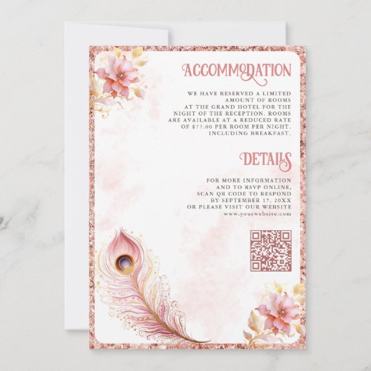 Pastel Roze Goud Bloemen Indiase Peacock Bruiloft Kaart (Achterkant)