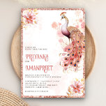 Pastel Roze Goud Bloemen Indiase Peacock Bruiloft Kaart<br><div class="desc">Verras uw gasten met deze elegante huwelijksuitnodiging met een prachtige pauw en prachtige bloemen met QR-code voor online RSVP of locatie. Voeg eenvoudig uw evenementgegevens toe aan deze gebruiksvriendelijke sjabloon om er een unieke uitnodiging van te maken.</div>