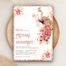 Pastel Roze Goud Bloemen Indiase Peacock Bruiloft