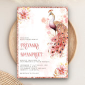 Pastel Roze Goud Bloemen Indiase Peacock Bruiloft Kaart