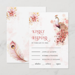 Pastel Roze Gouden Bloemige Indiase Pauw Huwelijk RSVP Kaartje