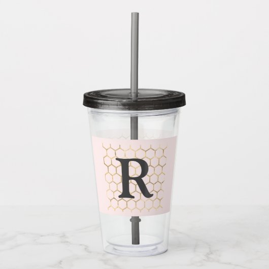 Pastel Roze Gouden Zeshoek Monogram Acryl Drinkbeker (Voorkant)