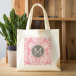Pastel Roze & grijs Damaserpatroon - Aangepast mon Tote Bag<br><div class="desc">Voeg je monogrammen toe aan deze trendy en feminine floral damkers met populaire kleuren. Het dametje heeft een grillig karton.</div>