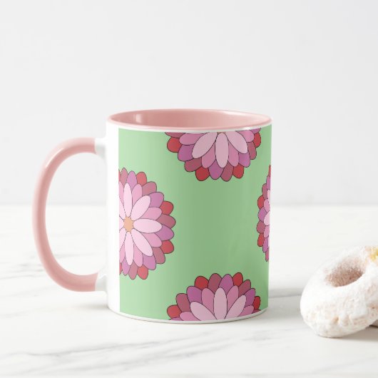 Pastel Roze Groen Aziatisch Medaillon Bloemen Mok (Met donut)