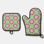 Pastel Roze Groen Aziatisch Medaillon Bloemen Ovenwant & Pannenlap Set (Voorkant)