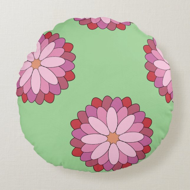 Pastel Roze Groen Aziatisch Medaillon Bloemen Rond Kussen (Voorkant)