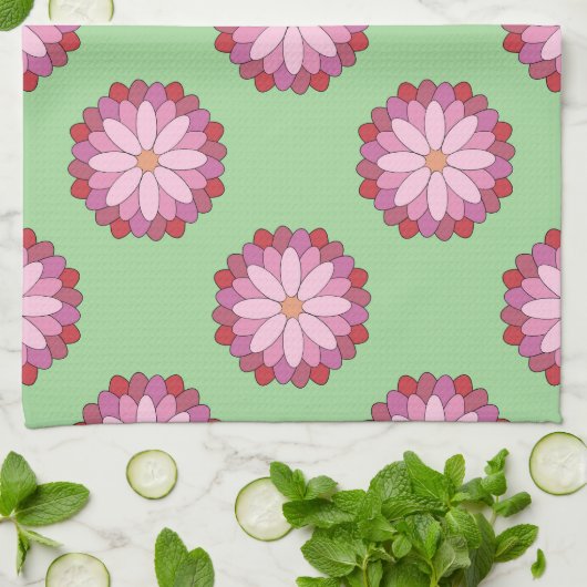 Pastel Roze Groen Aziatisch Medaillon Bloemen Theedoek (Gevouwen)