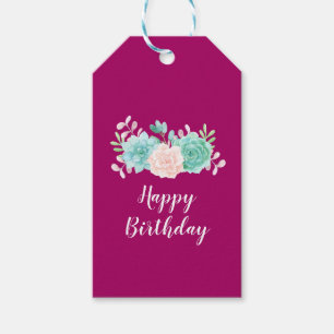 Pastel Roze & Groen Bloemen Boeket Gelukkige Verja Cadeaulabel