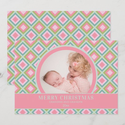 Pastel Roze Groen Groene Grootouder Foto Kerstmis Feestdagenkaart (Voorkant / Achterkant)