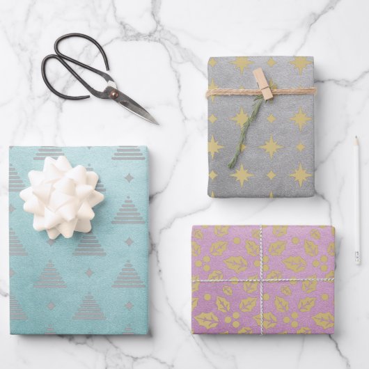 Pastel Roze Groen Zilver Modern Kerstmispatroon Inpakpapier Vel (Voorkant)