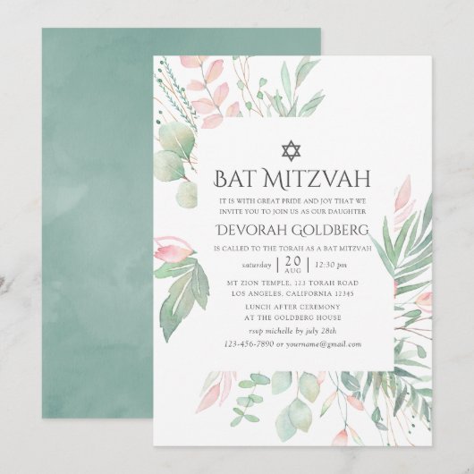 Pastel Roze Groene Bat Mitzvah Kaart (Voorkant / Achterkant)