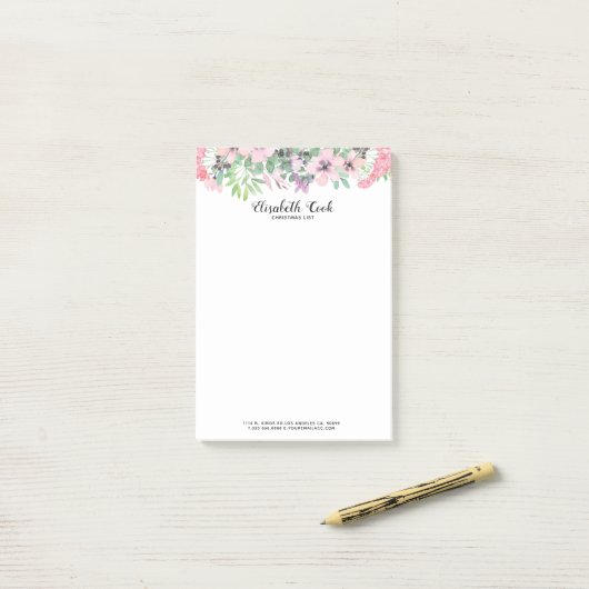 Pastel Roze & Groene Bloemen Rand Post-it® Notes (Op bureau)