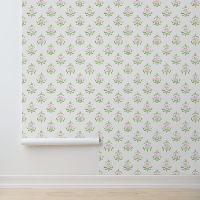 Pastel Roze Groene Bloemmotief Behang (Applicatie)