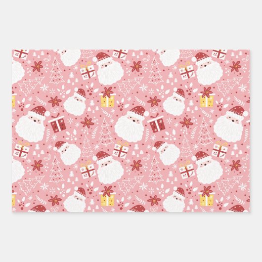 Pastel Roze Groene Boom Santa Sneeuwvlokken Kerstm Inpakpapier Vel (Voorkant 3)